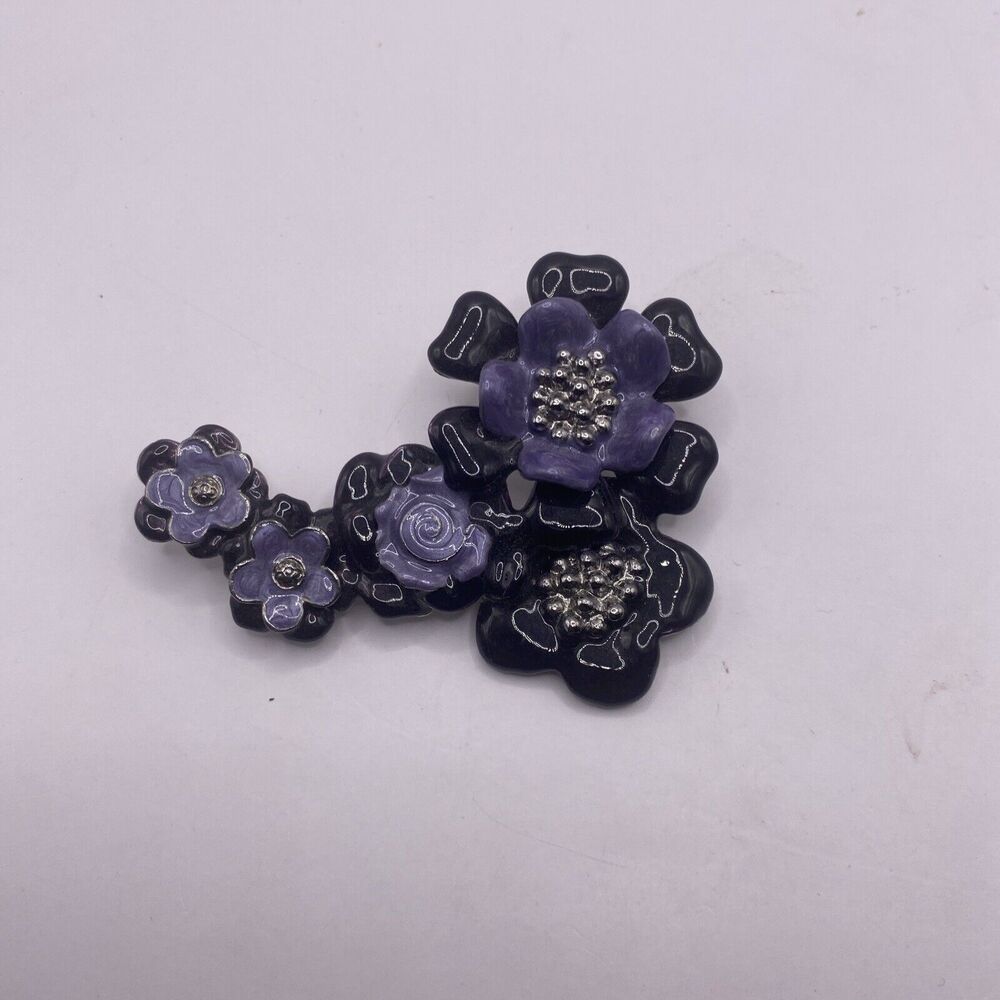 Vintage Pin Brooch Floral Enameled Purple and Black and Silver Centers E2